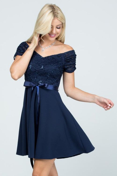 Off the shoulder ruched sleeve lace and crepe fit and flare dress with waist satin sash casual