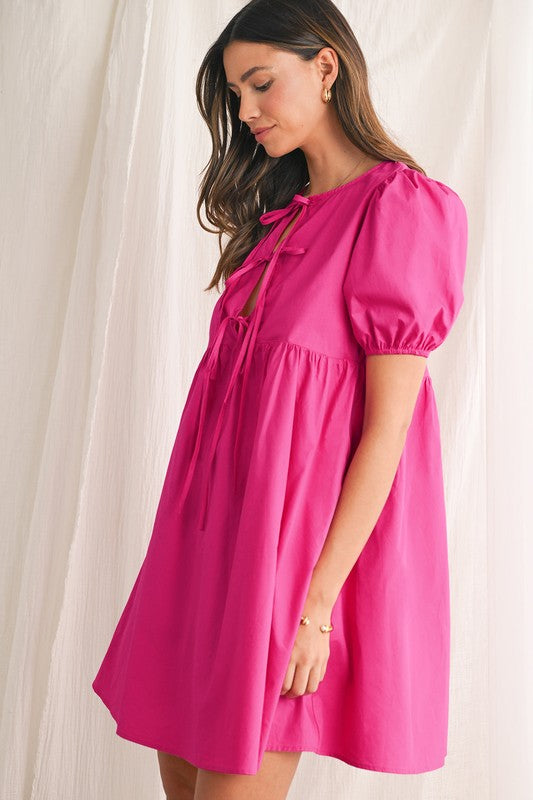 Bright Pink Tie Front Puff Sleeve Mini Dress