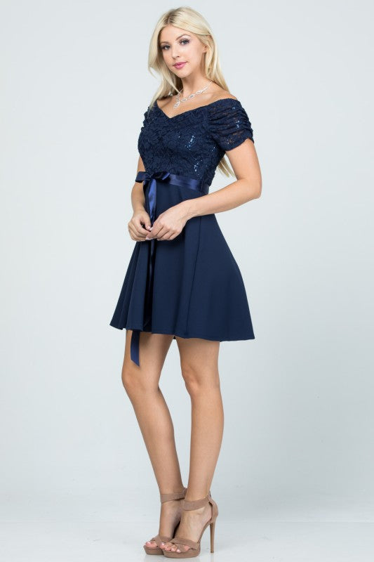Off the shoulder ruched sleeve lace and crepe fit and flare dress with waist satin sash casual