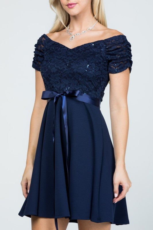 Off the shoulder ruched sleeve lace and crepe fit and flare dress with waist satin sash casual