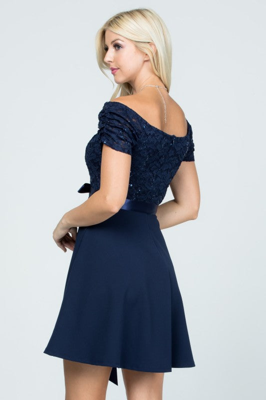 Off the shoulder ruched sleeve lace and crepe fit and flare dress with waist satin sash casual
