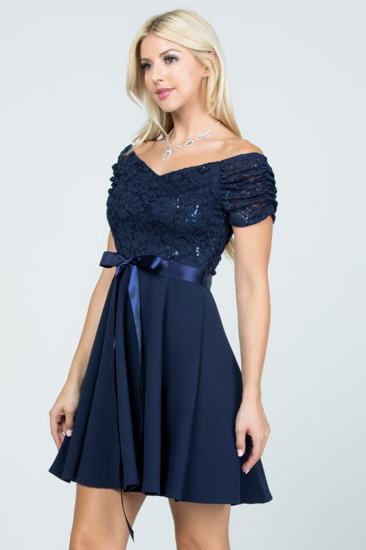 Off the shoulder ruched sleeve lace and crepe fit and flare dress with waist satin sash casual