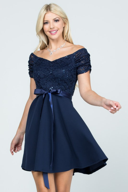 Off the shoulder ruched sleeve lace and crepe fit and flare dress with waist satin sash casual